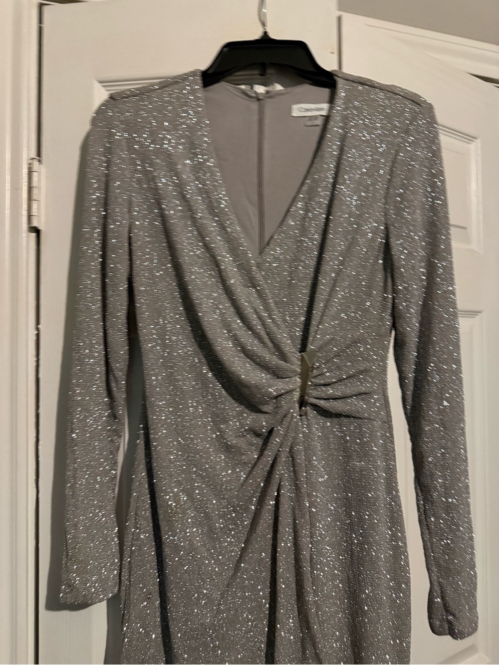 Calvin Klein Silver Glitter Long-Sleeve Ruched Wrap Dress - Picture 4 of 8